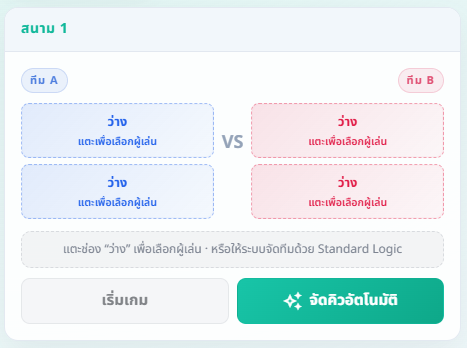 การ์ดสนามว่างแสดงช่องแตะเลือกผู้เล่น ปุ่มเริ่มเกมที่ยังไม่พร้อม และปุ่มจัดคิวอัตโนมัติ