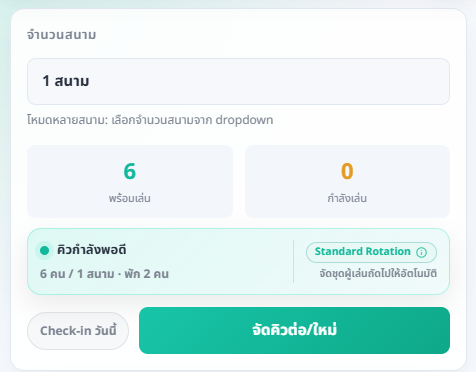 แผงควบคุมคิว แสดงจำนวนสนาม คนพร้อมเล่น สถานะคิว และ Badge ของ Standard Rotation