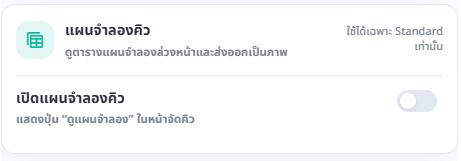 การ์ดแผนจำลองคิวในหน้าตั้งค่าจัดคิว พร้อมสวิตช์เปิดใช้งาน
